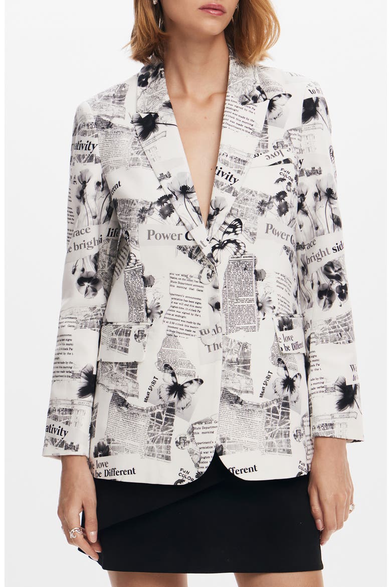 Bratislava News Print Stretch Cotton Blazer, Main, color, WHITE