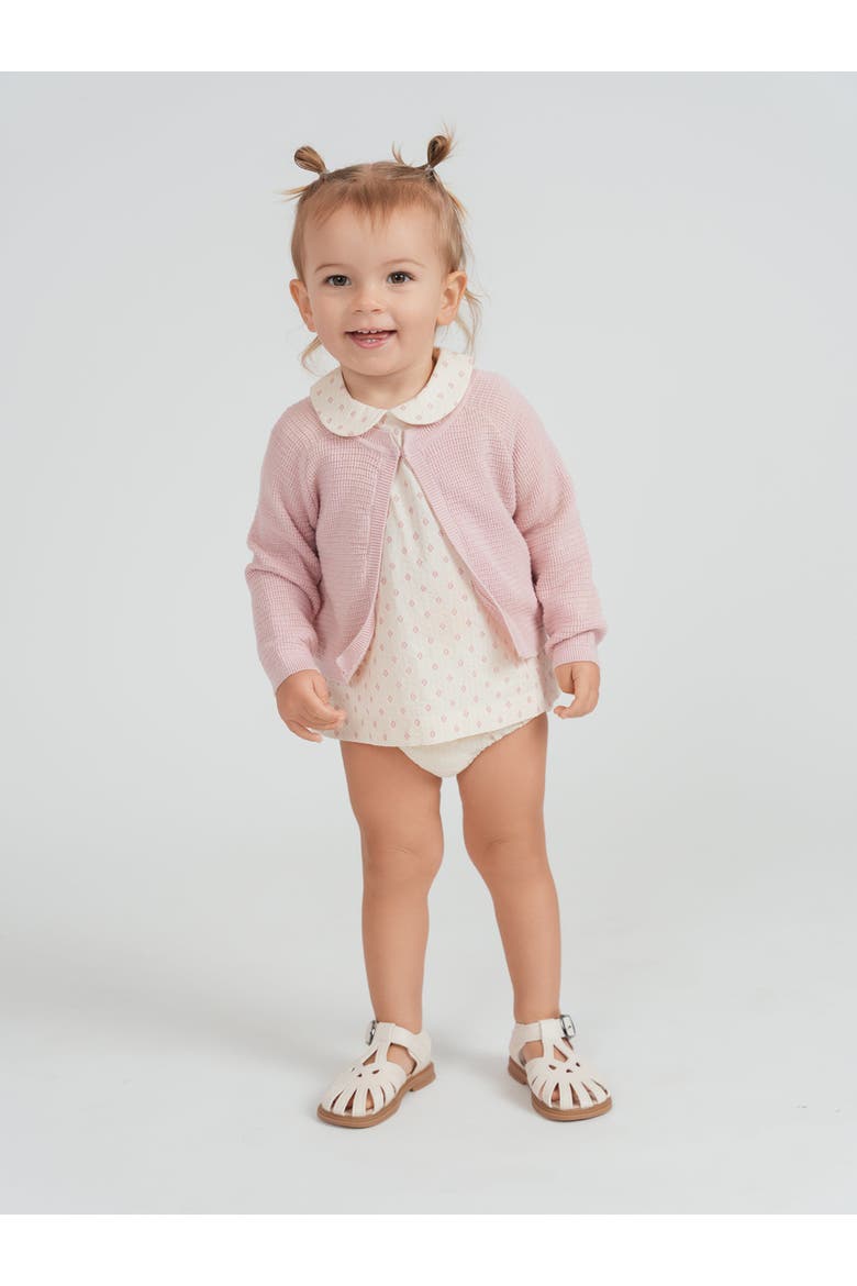 Printed Gauze Three Piece Short Sleeve Top, Cardigan and Bottoms Set, Alternate, color, Cream/Pink