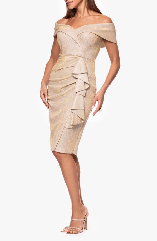 Xscape Evenings Metallic Ruffle Detail Off The Shoulder Cocktail Dress