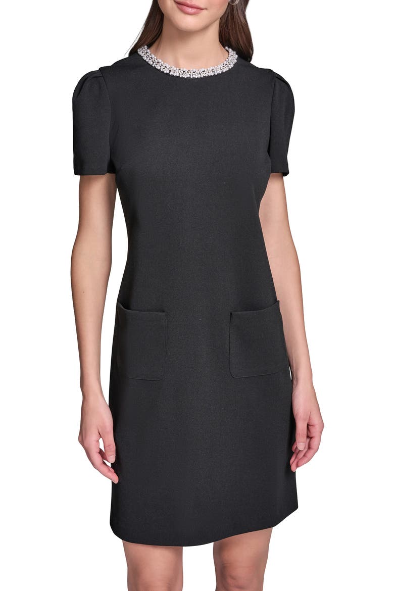 Pearl Collar Scuba Crepe Sheath Dress, Alternate, color, BLACK