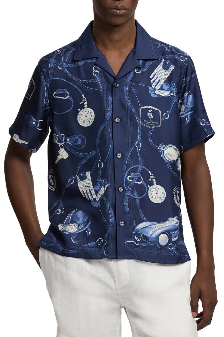Automobile Print Silk Twill Camp Shirt, Main, color, RL SPEED CLUB RACING NAVY