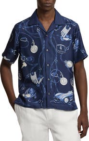 Ralph Lauren Purple Label Automobile Print Silk Twill Camp Shirt