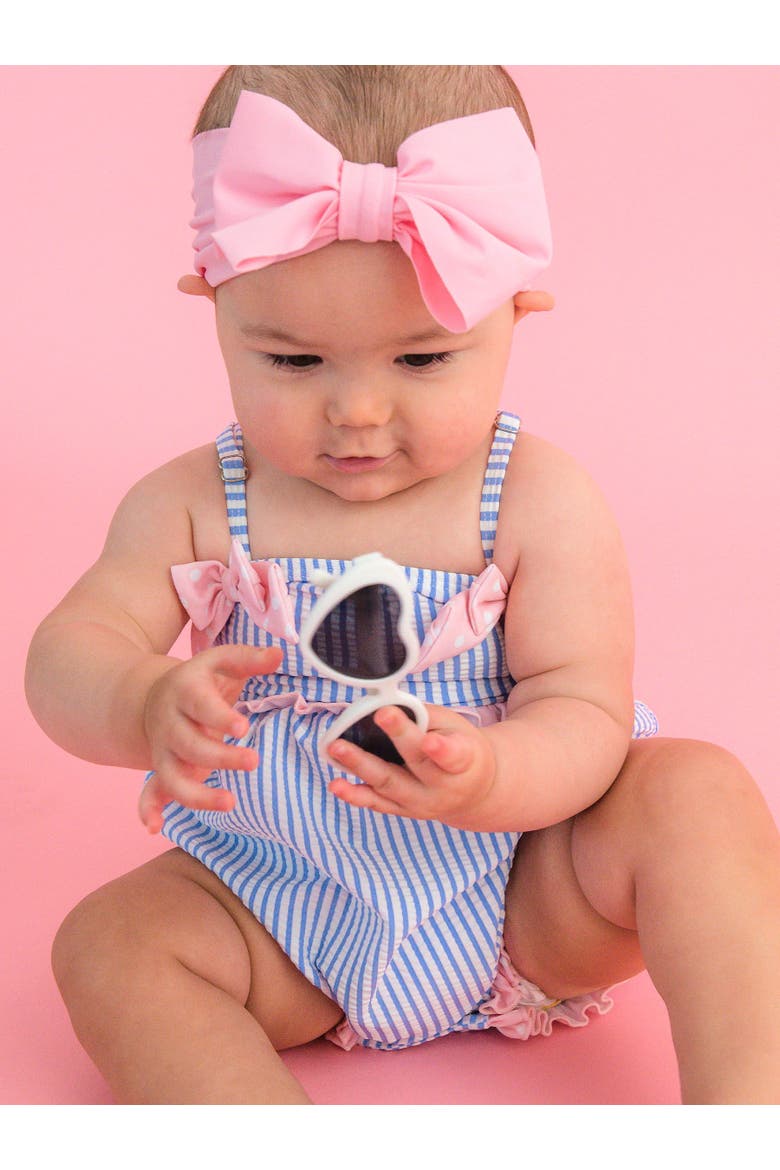 UPF50+ Seersucker One Piece Bow Bubble Romper Swimsuit, Alternate, color, Periwinkle Blue Seersucker