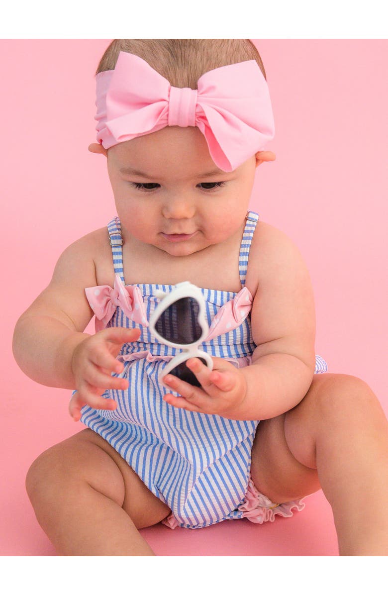RuffleButts UPF50+ Seersucker One Piece Bow Bubble Romper Swimsuit, Alternate, color, Periwinkle Blue Seersucker