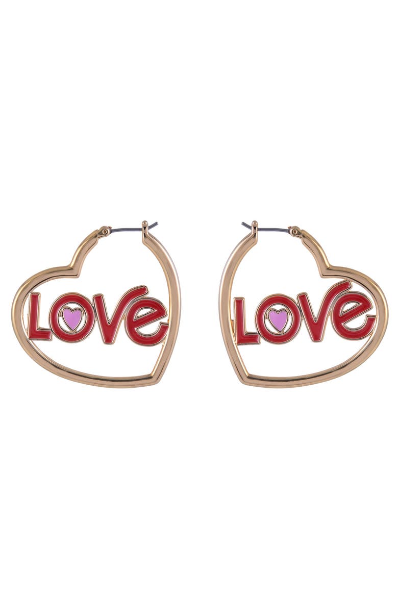 Gold Tone Heart Shaped Hoop Earrings, Alternate, color, Red
