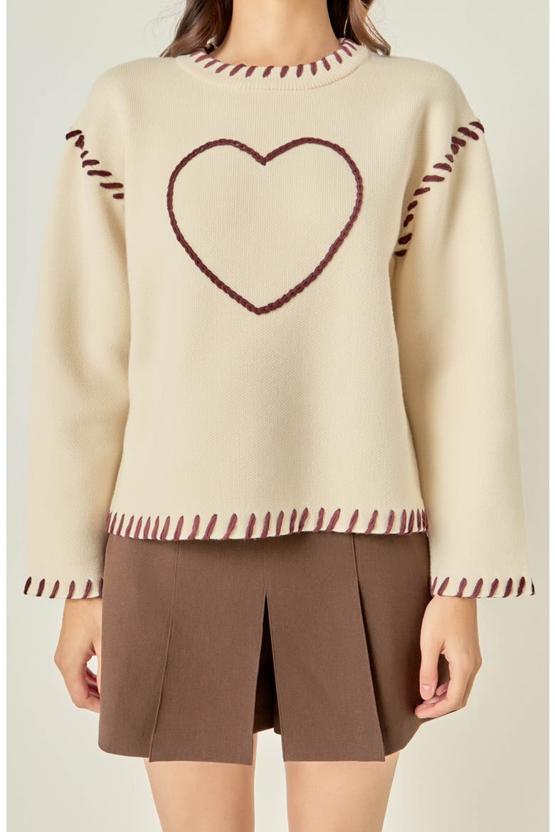 Heart Whipstitch Sweater, Main, color, CREAM/ BROWN