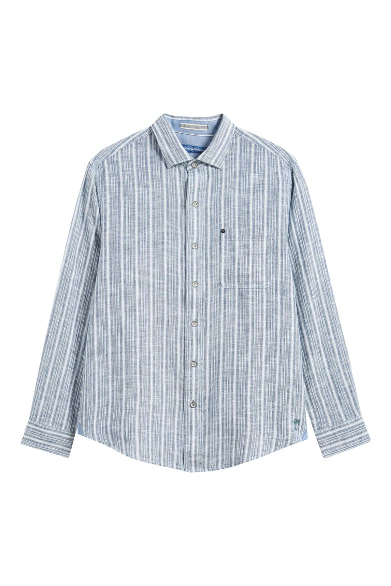 Raffia Dunes Stripe Linen & Cotton Long Sleeve Shirt, Main, color, MAJOLICA BLUE