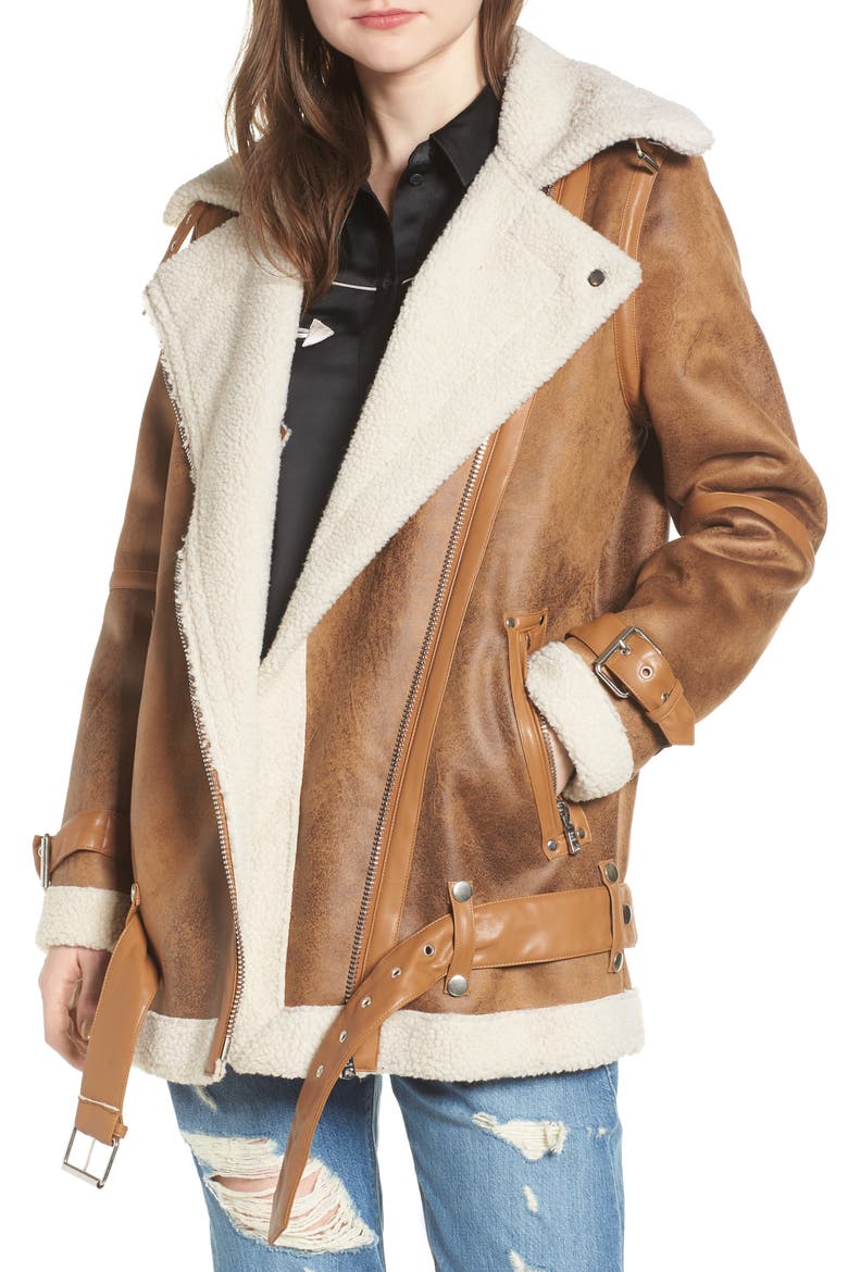 Faux Shearling Biker Jacket, Main, color, WHISKEY