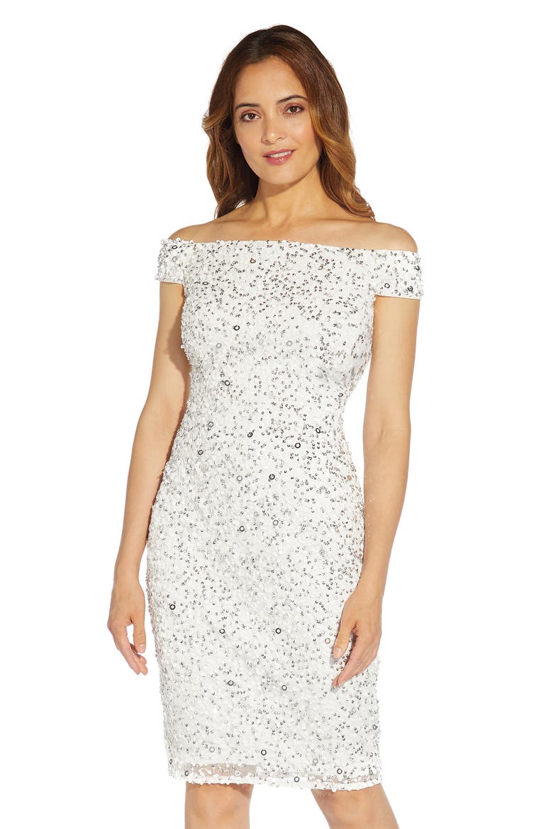 Beaded Off the Shoulder Mesh Cocktail Dress, Alternate, color, IVORY