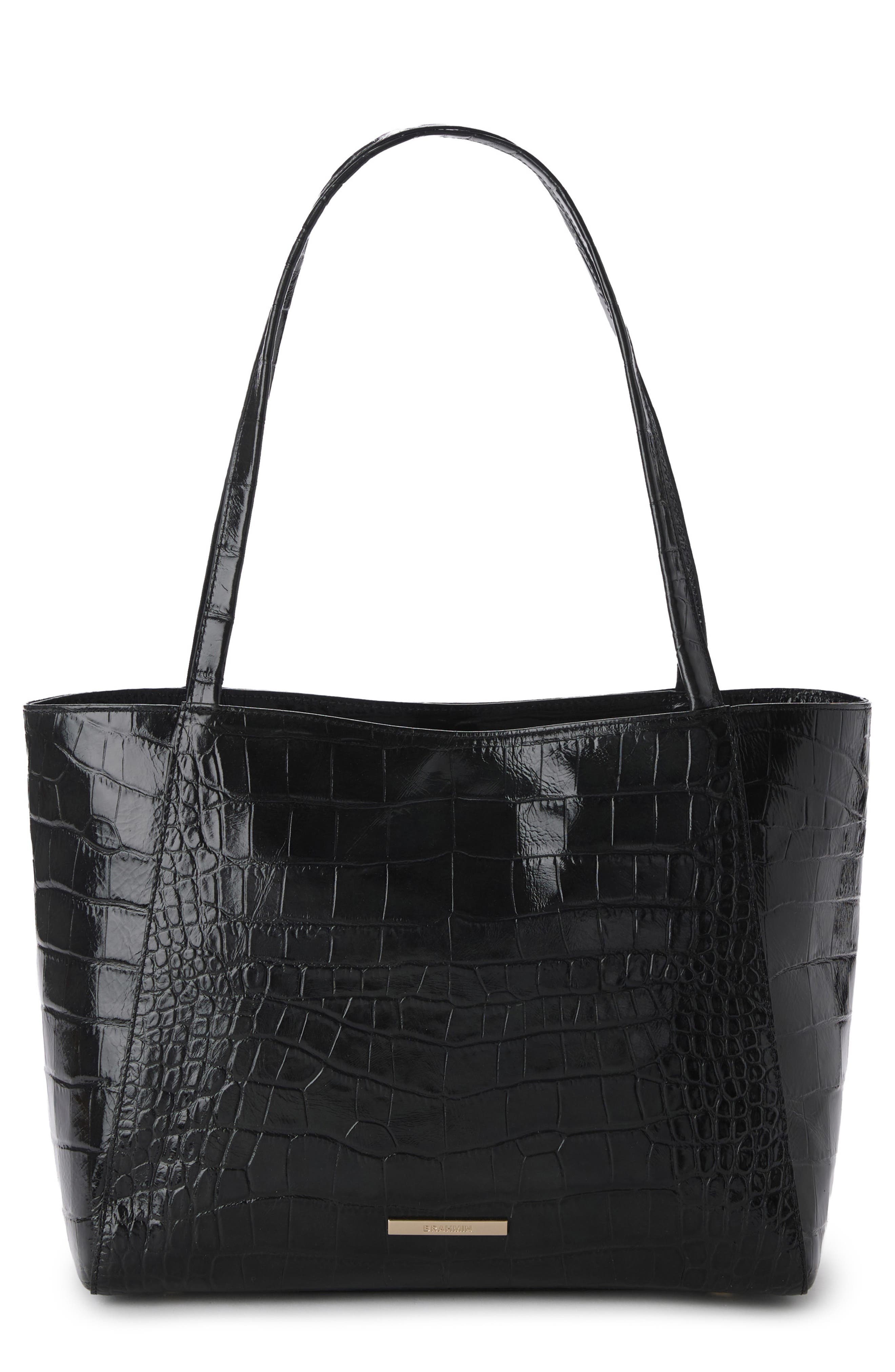 Brahmin Mona Croc Embossed Leather Tote, Main, color, Black