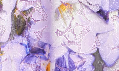 Badgley Mischka Sleeveless Printed Floral Lace Midi Dress In Lilac Multi