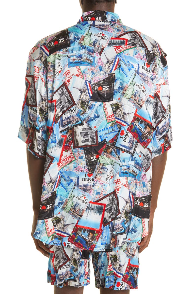 Balenciaga Allover Cities Print Silk Button-Up Shirt, Alternate, color, 