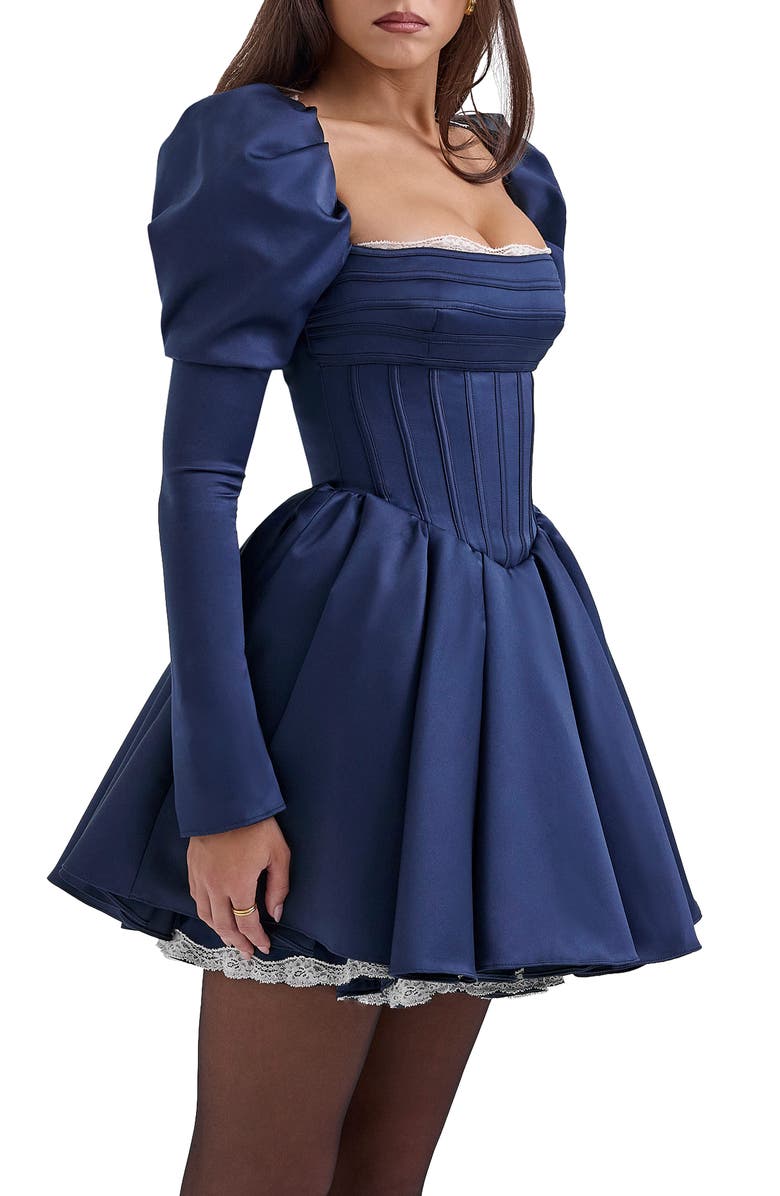 HOUSE OF CB Venetia Puff Shoulder Lace Corset Minidress, Alternate, color, Dress Blues