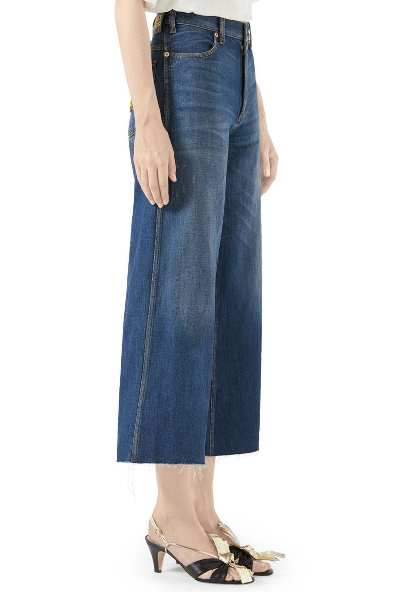 Patch Embellished Crop Wide Leg Jeans, Alternate, color, BLUE/ MULTICOLOR