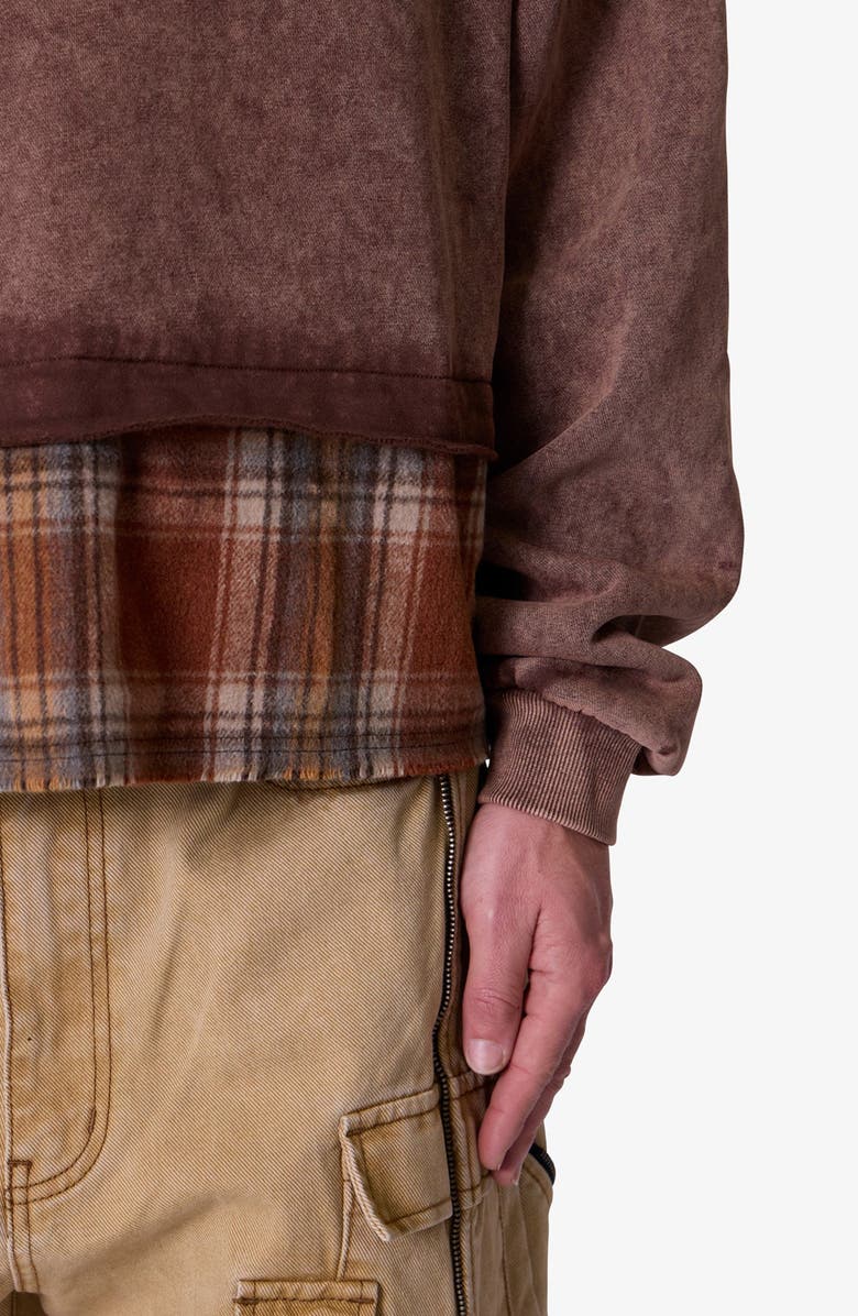 mnml Plaid Flannel Layered Look Crewneck Sweatshirt, Alternate, color, Brown