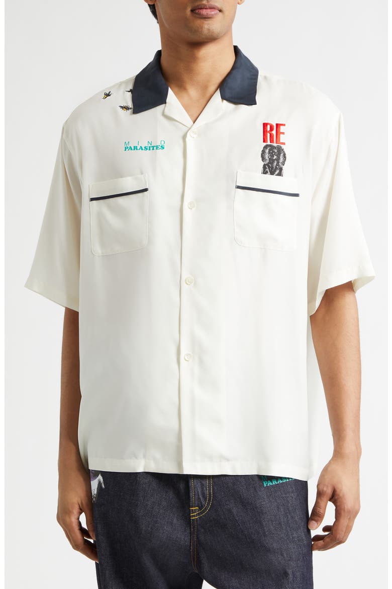 Graphic Short Sleeve Cupro Blend Button-Up Shirt, Main, color, IVORY