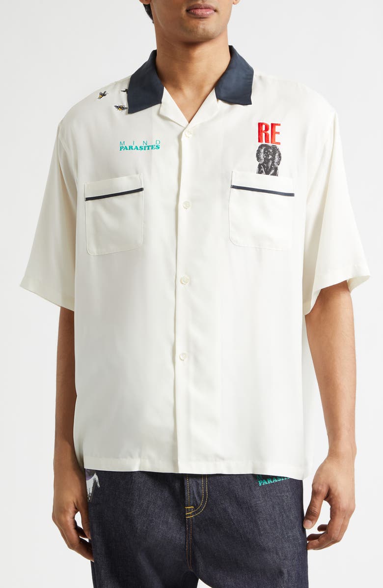 Undercover Graphic Short Sleeve Cupro Blend Button-Up Shirt, Main, color, Ivory