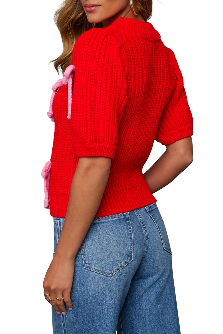 Tied Down Bow Detail Puff Sleeve Sweater, Alternate, color, RED