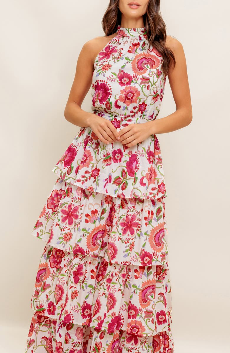 FLYING TOMATO Floral Print Halter Neck Maxi Dress, Alternate, color, Ivory Red