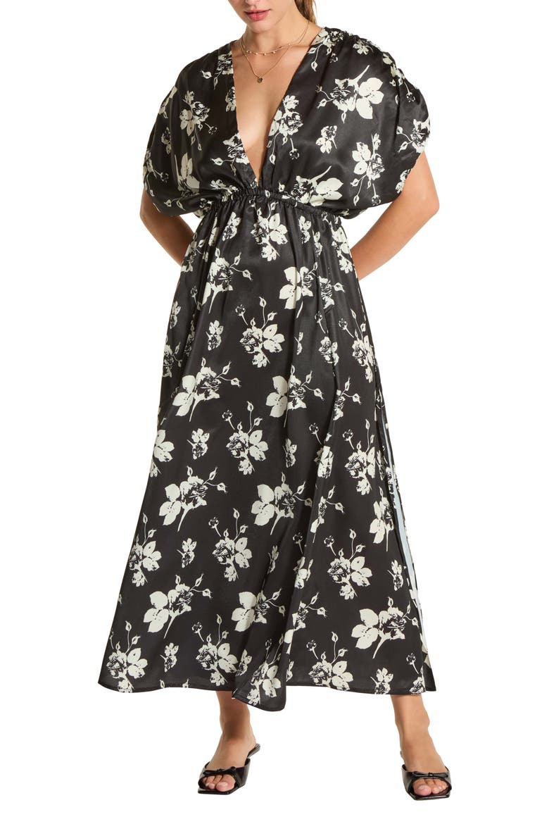 Puff Sleeve Drop Waist Side Slit Maxi Dress, Main, color, BLACK/ CREAM