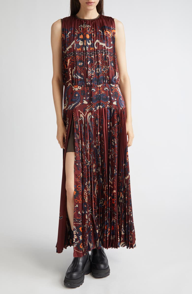 Sacai Floral Sleeveless Gathered & Pleated Dress, Main, color, Bordeaux