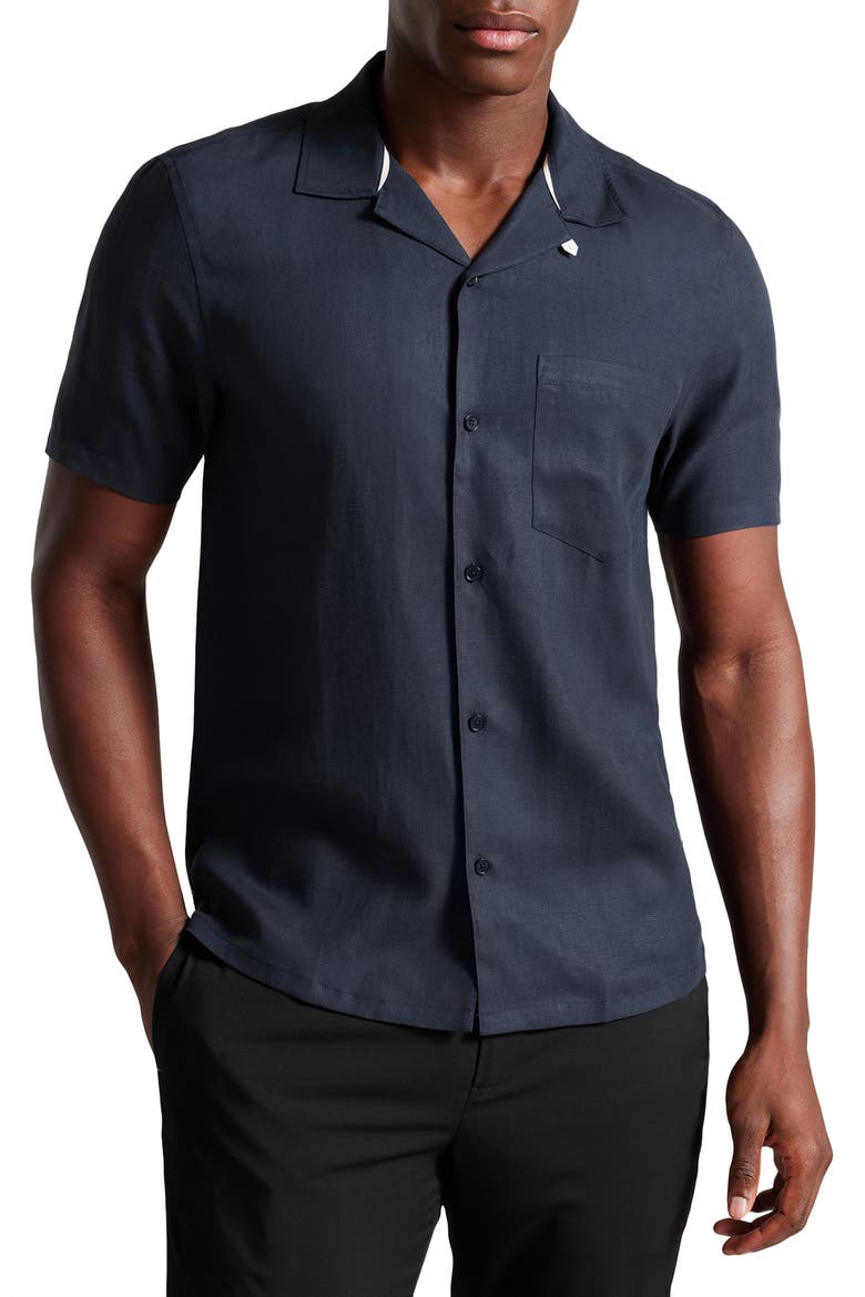 Wesland Solid Short Sleeve Button-Up Shirt, Main, color, NAVY