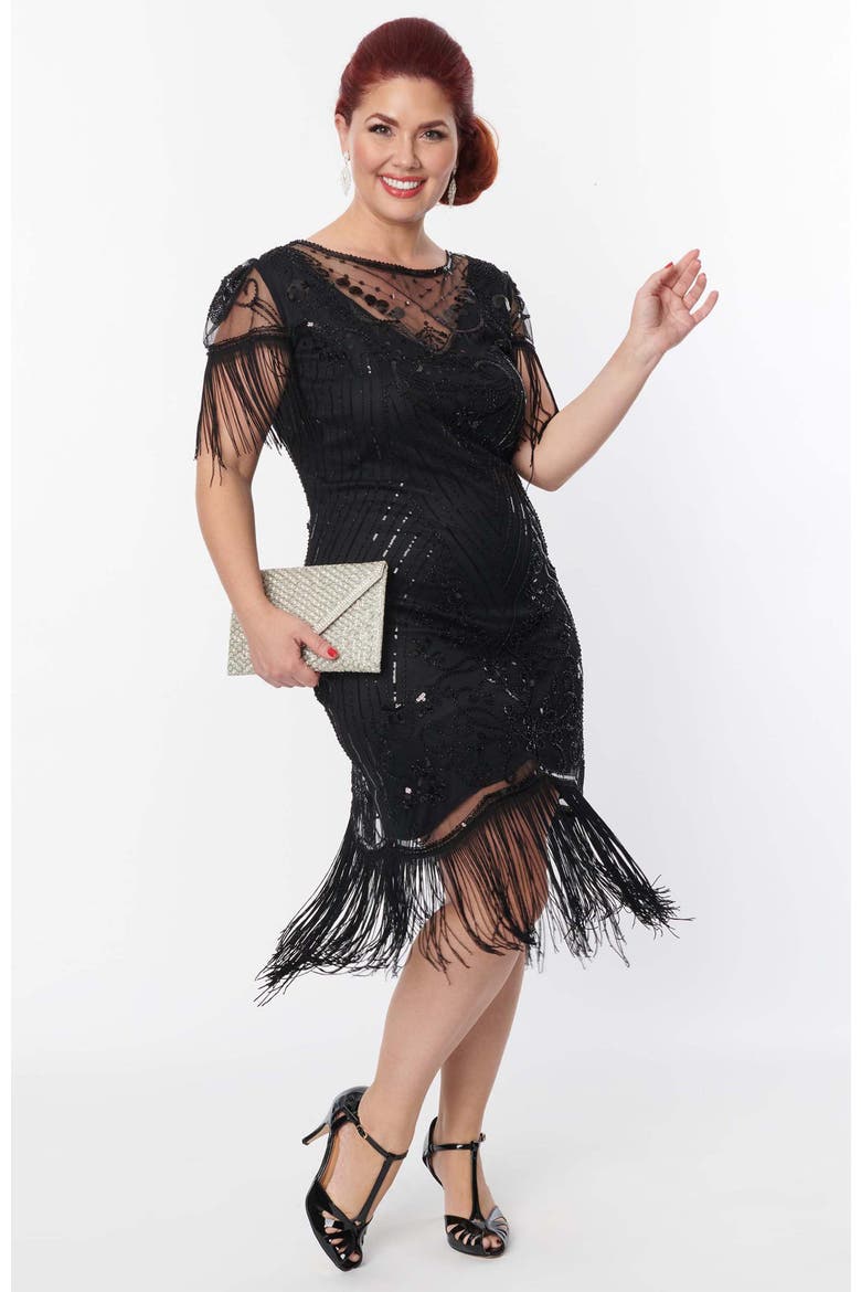 Plus Size Beaded Nadine Fringe Flapper Dress, Main, color, Black Beaded