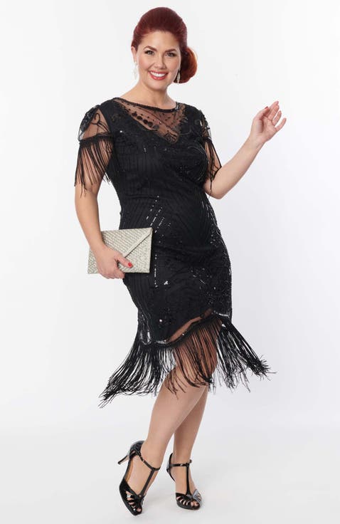 Plus Size Beaded Nadine Fringe Flapper Dress