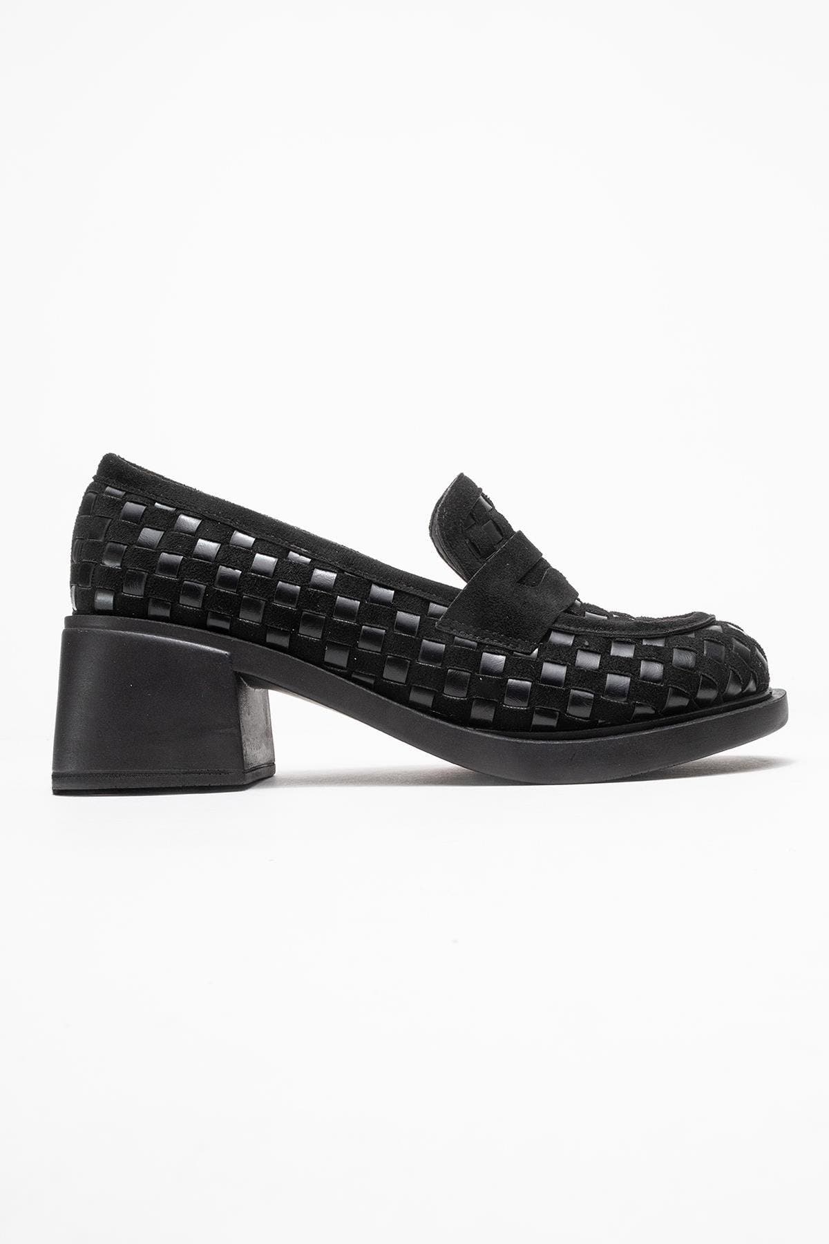 Prologue Shoes Marlon Woven Block Heel Loafer, Alternate, color, Black Faux Leather