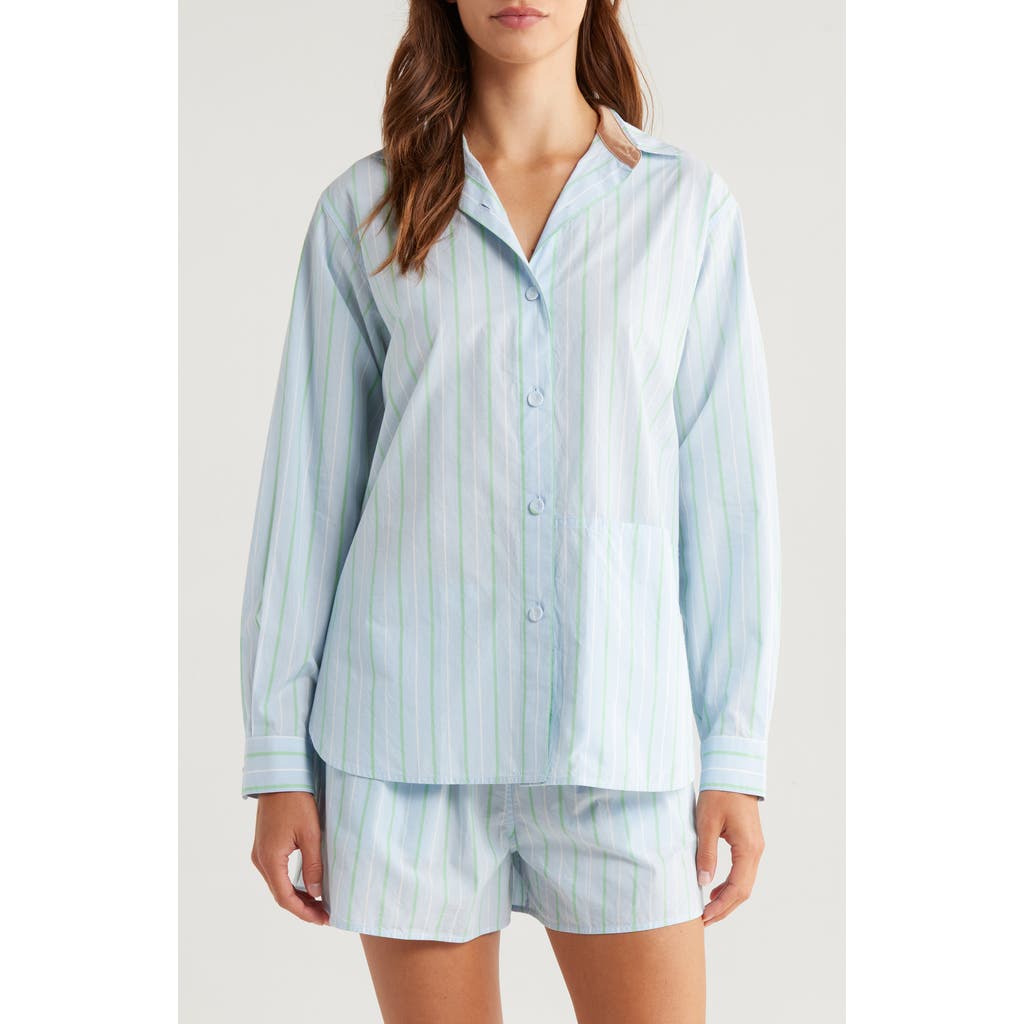 Lunya Airy Cotton Curved Hem Long Sleeve Boxer Pj Set Azure Stripe In Blue