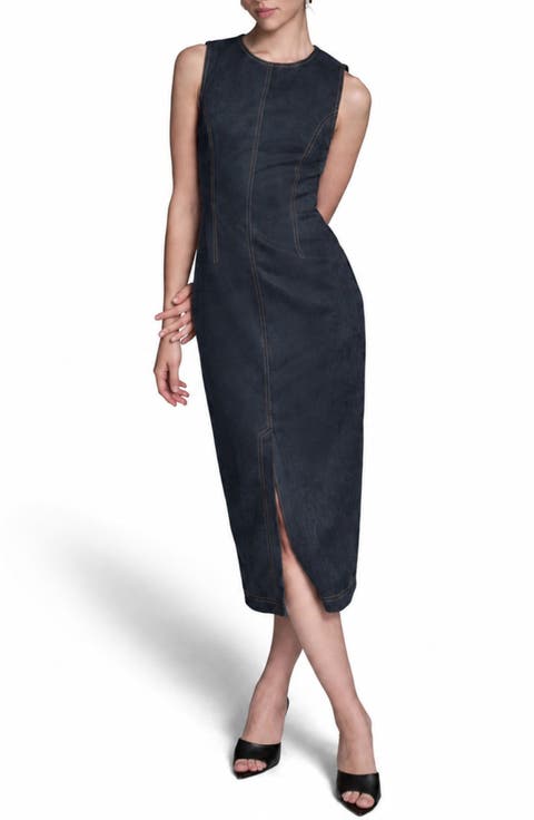 Sleeveless Faux Suede Sheath Midi Dress