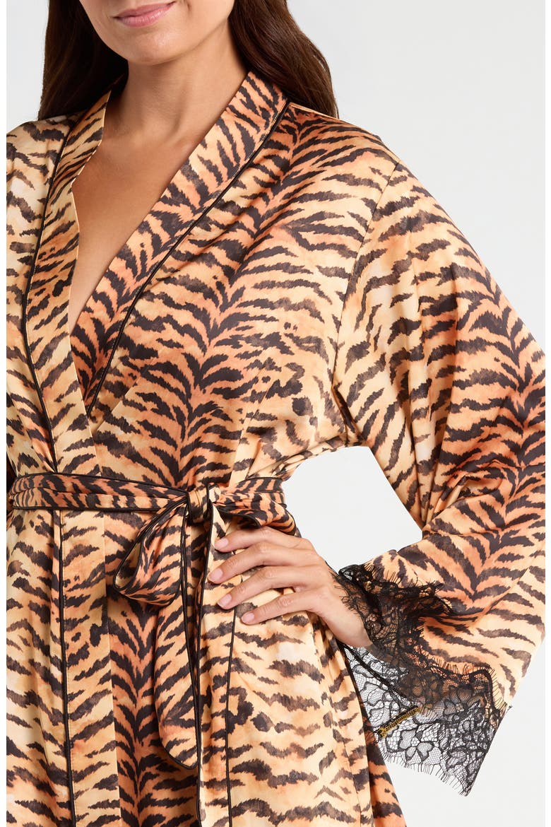 Tiger Print Lace Trim Short Robe, Alternate, color, TAN TIGER