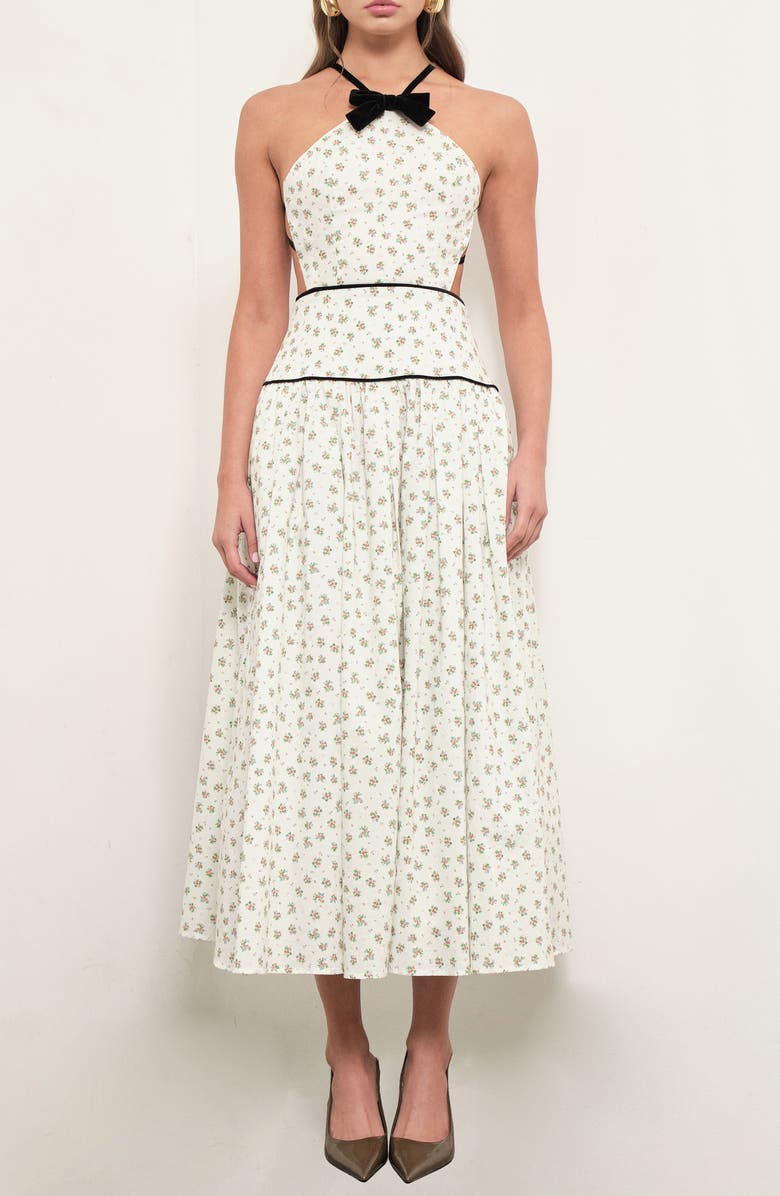 MAUDE CLUB Harlow Bow Detail Floral Open Back Cotton Midi Dress, Main, color, Sprigged Floral