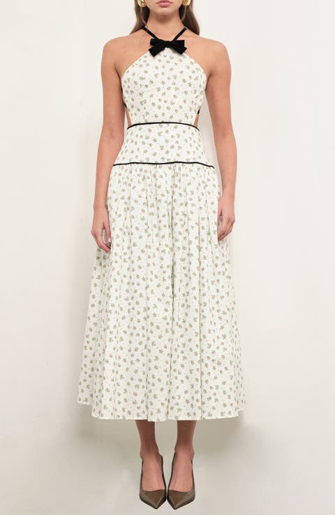Harlow Bow Detail Floral Open Back Cotton Midi Dress