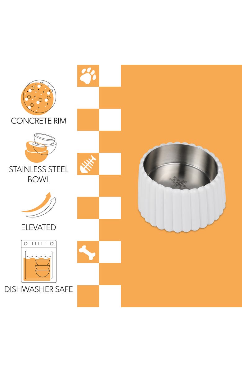 The Licker Store Ripple Ridge Small/Medium Slanted Concrete and Stainless Steel Bowl 16oz (2 Cups) Pet Feeder, Alternate, color, White