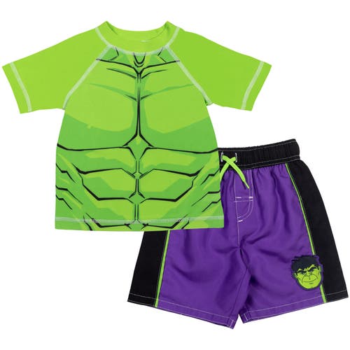 Marvel Short Sleeve Rash Guard & Swim Trunks In Multi