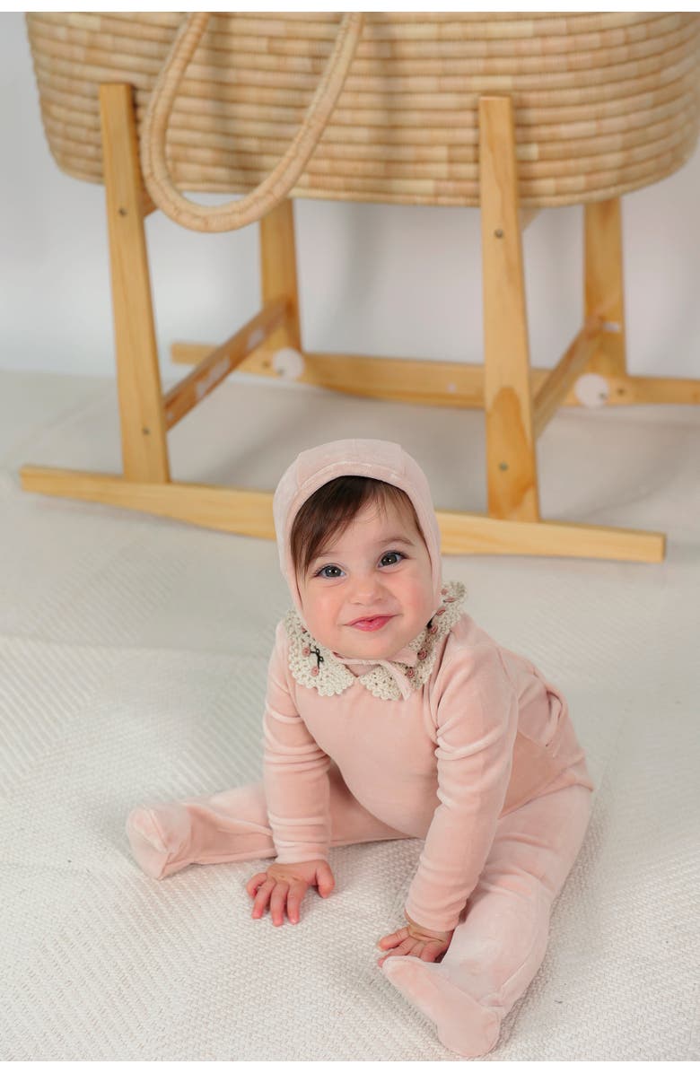 LOLA Velour Crochet Collar Snap Back Romper and Bonnet Set, Alternate, color, Rose Cloud