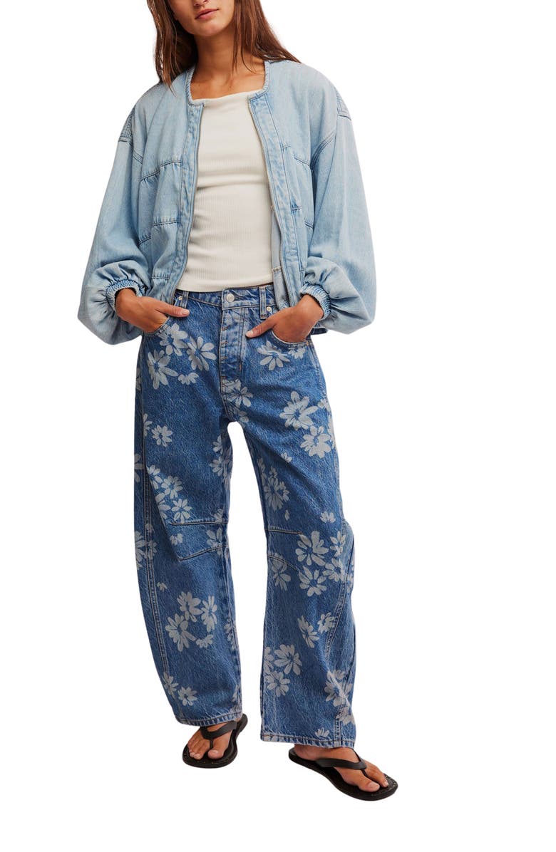 Free People Good Luck Floral Print Barrel Jeans, Alternate, color, Laser Daisy