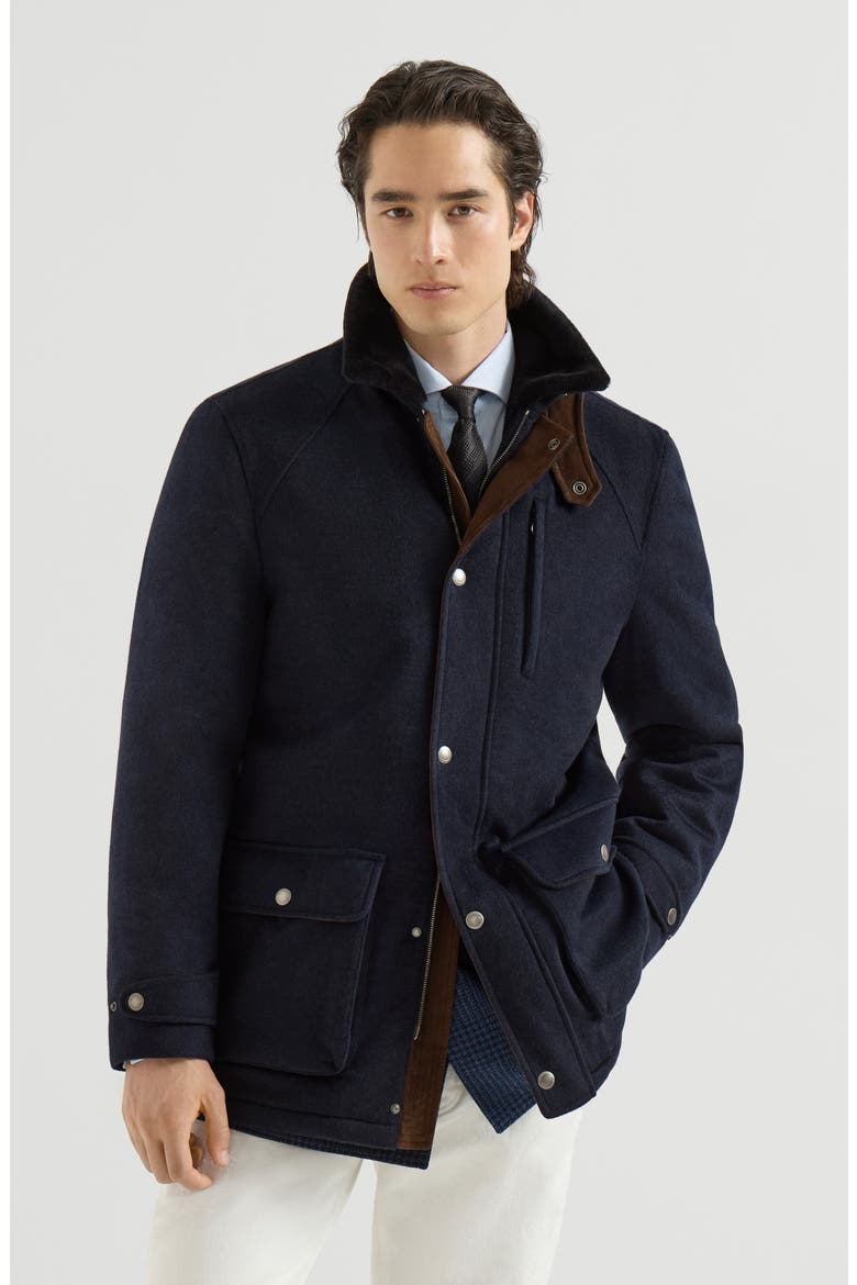 Bonded cashmere beaver cloth field jacket with shearling lining and nappa leather inserts, Main, color, Navy Blue