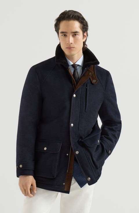 Bonded cashmere beaver cloth field jacket with shearling lining and nappa leather inserts