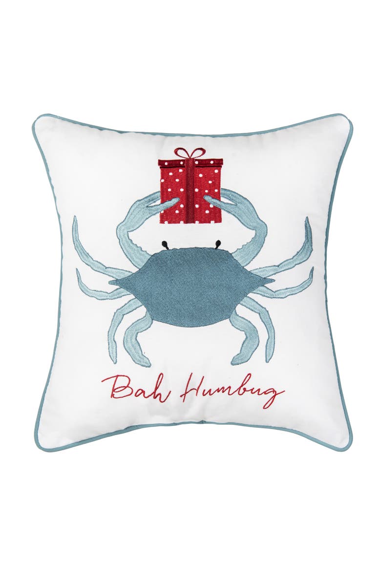 Bah Humbug Coastal Christmas Embroidered Throw Pillow 16" x 16", Main, color, Blue