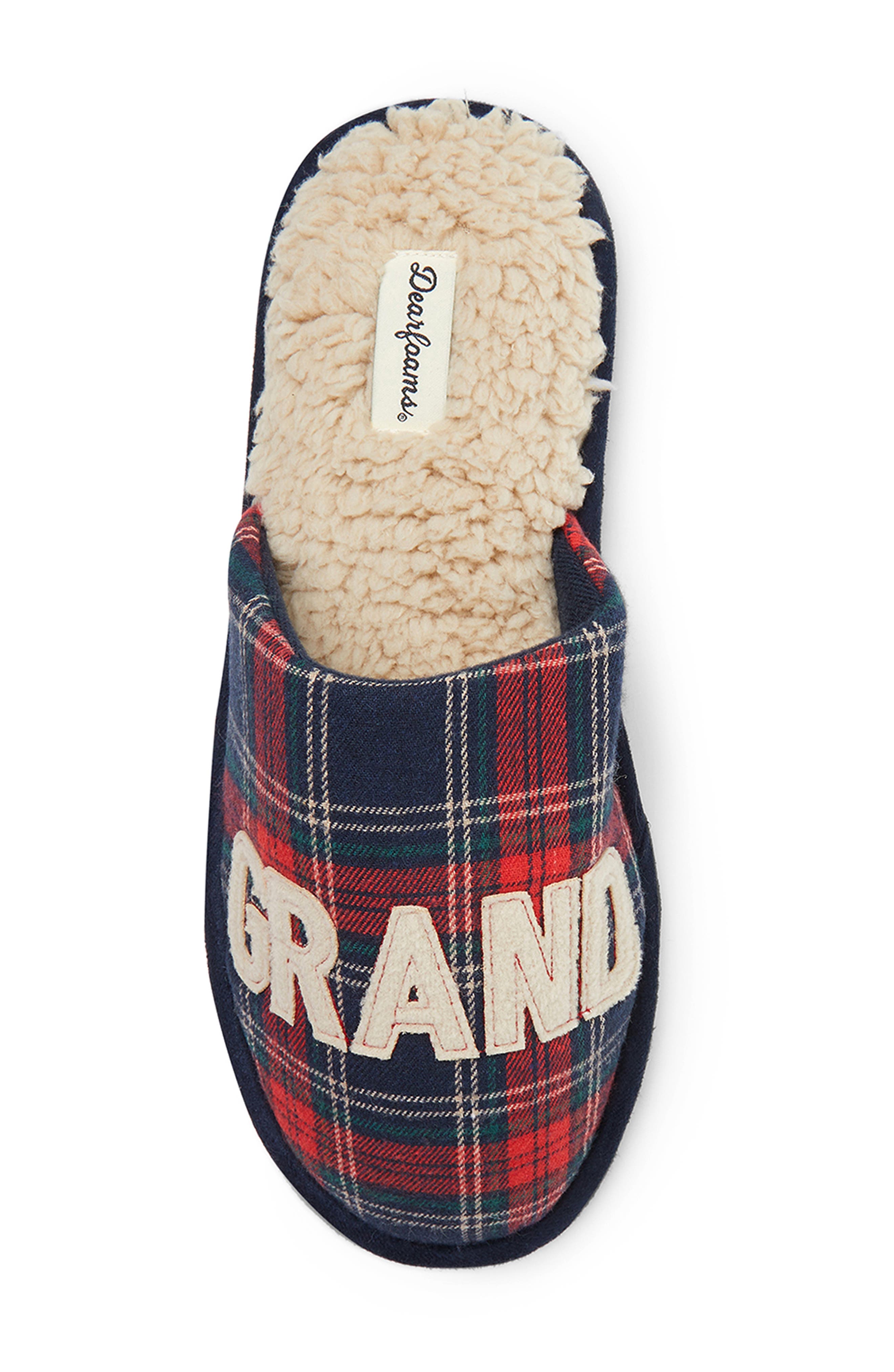 DEARFOAMS Carson Grandbear Faux Shearling Slipper, Alternate, color, Navy Plaid