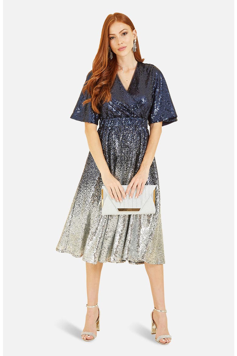 Ombre Sequin V-Neck Midi Dress, Main, color, Navy