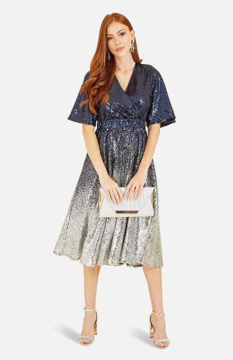 Ombre Sequin V-Neck Midi Dress