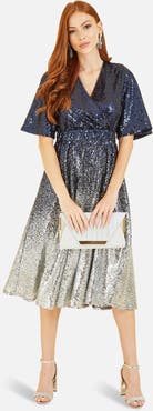 Yumi Ombre Sequin V-Neck Midi Dress