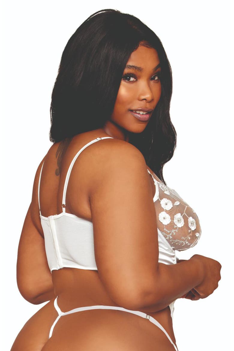 Underwire Satin & Sheer Mesh Bustier & G-String Set, Alternate, color, WHITE