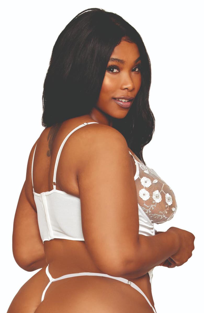 Dreamgirl Underwire Satin & Sheer Mesh Bustier & G-String Set, Alternate, color, White