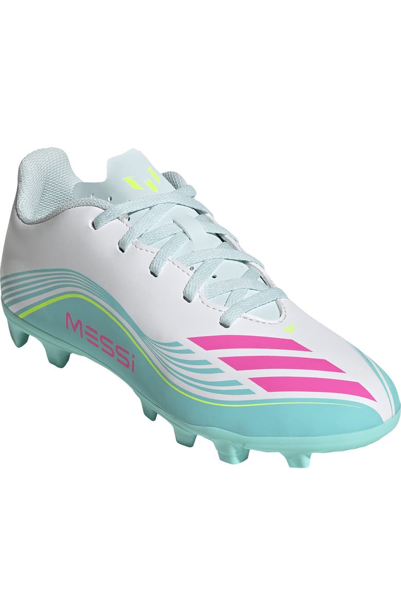 adidas Kids' F50 Messi Club Soccer Cleat, Main, color, White/ Lucid Pink/ Aqua