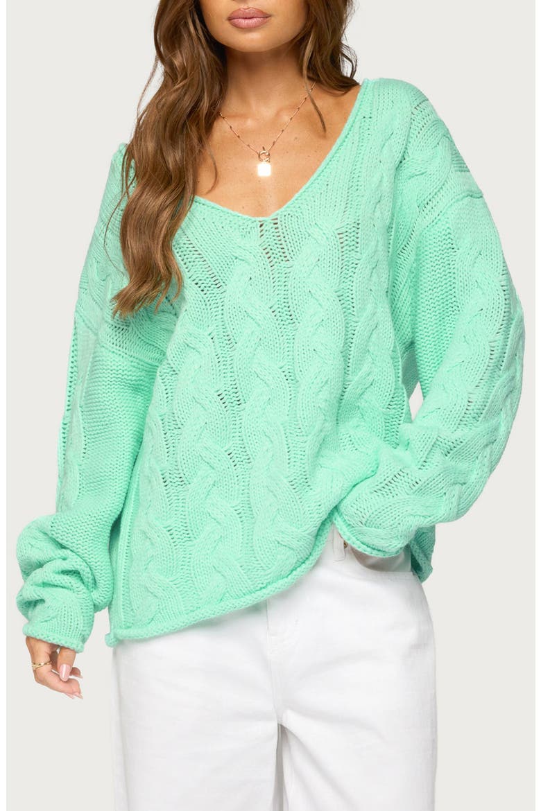 Inga Oversize V-Neck Cable Sweater, Main, color, AQUA