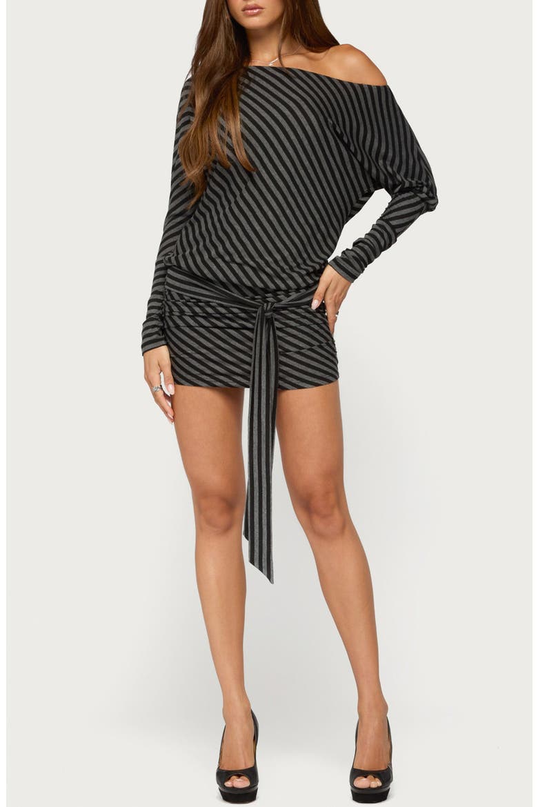 Maely Off-the-Shoulder Striped Minidress, Main, color, BLACK-AND-GRAY